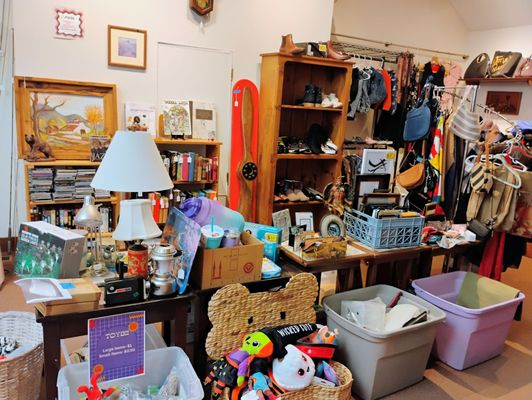 A display area at The Funky Flea with clothing, books, toys, and home goods